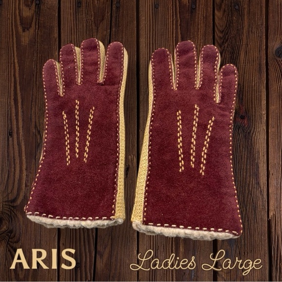 ARIS Suede Sherpa Lined Gloves Size Large Burgundy Tan Contrast Stitch VTG - Picture 1 of 13